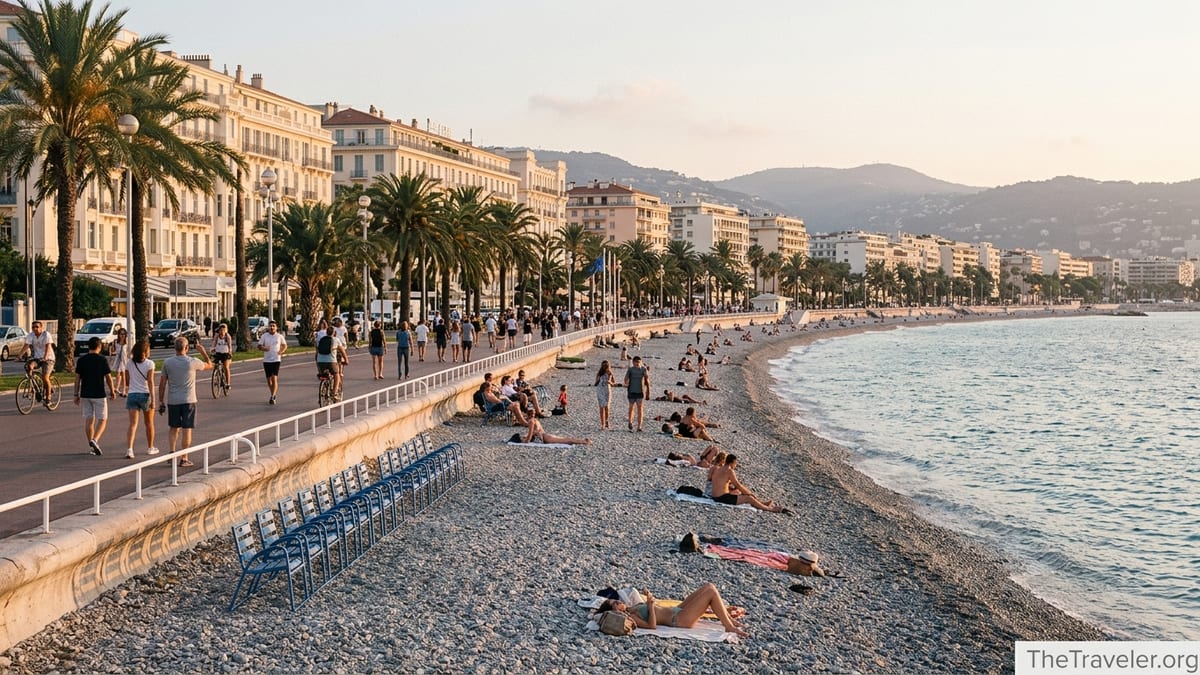 Golden hour view of Nice’s Promenade des Anglais with blue chairs, pebble beach, and people strolling by the sea.