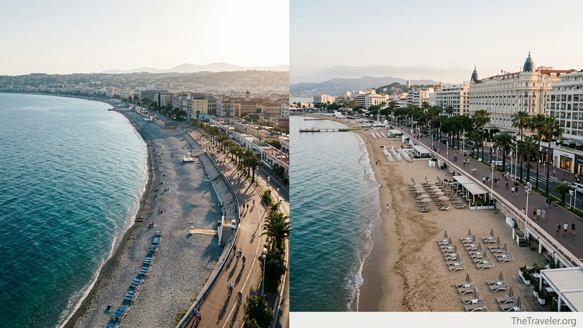 Golden hour view comparing Nice’s Promenade des Anglais and Cannes’s La Croisette on the French Riviera.