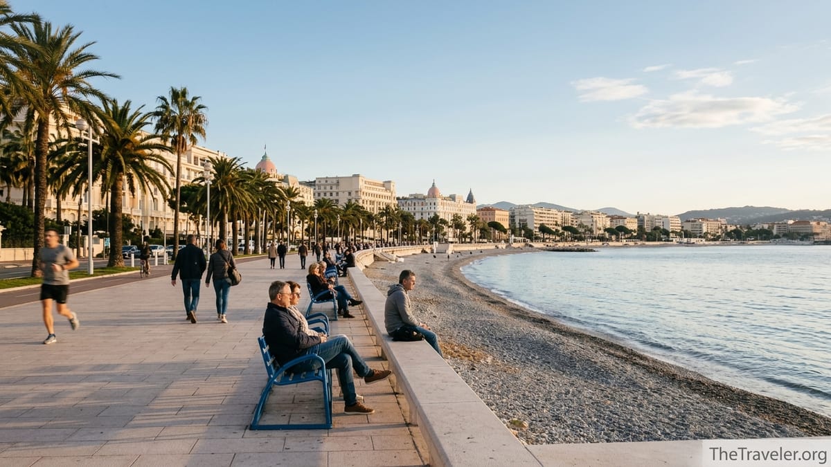 People walking and sitting on blue benches along Nice’s Promenade des Anglais at sunset.