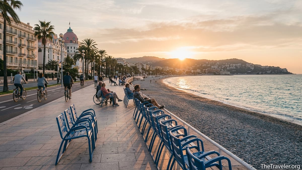 Evening walkers and cyclists on Nice’s Promenade des Anglais at sunset with blue chairs and sea views.