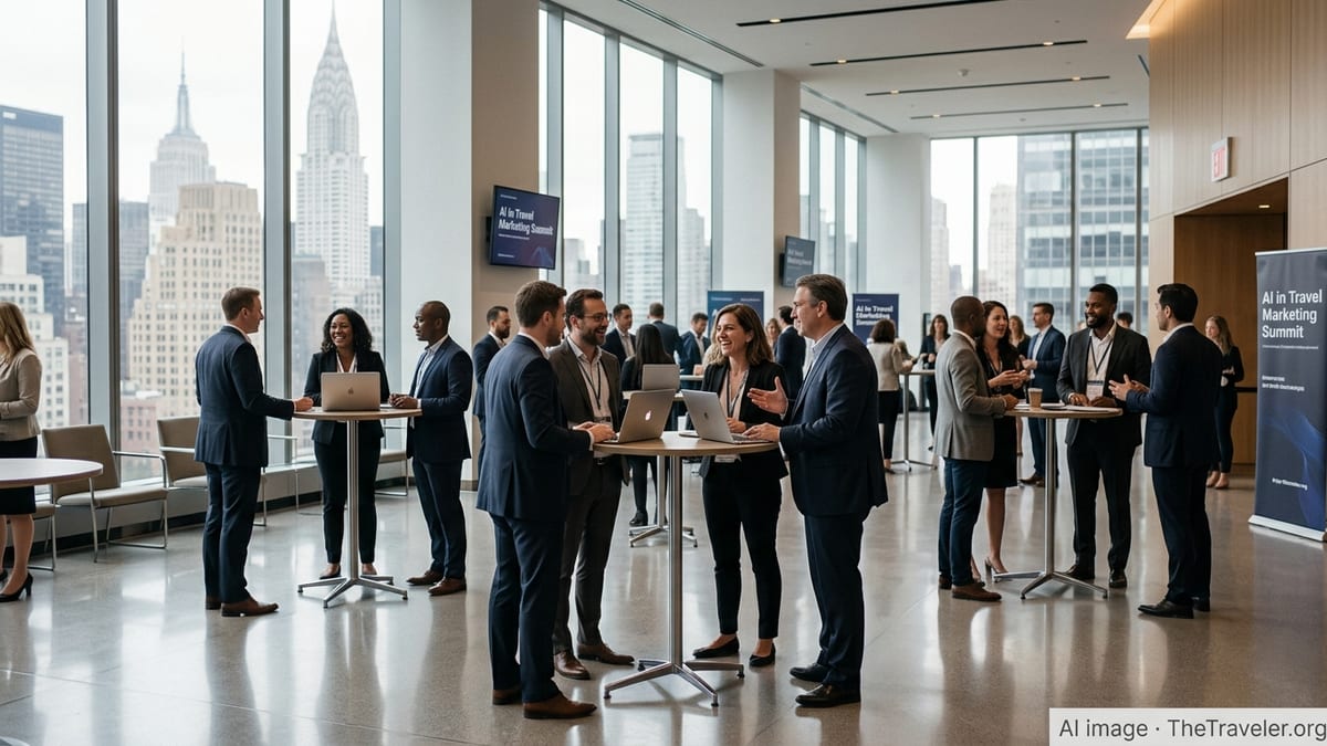 Executives network at an AI-focused travel marketing summit in a bright New York City conference venue.