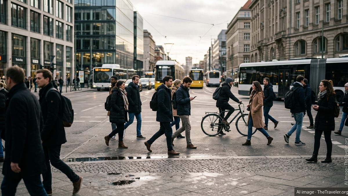 Foreign and German professionals crossing a busy Berlin street near modern offices on an overcast day.