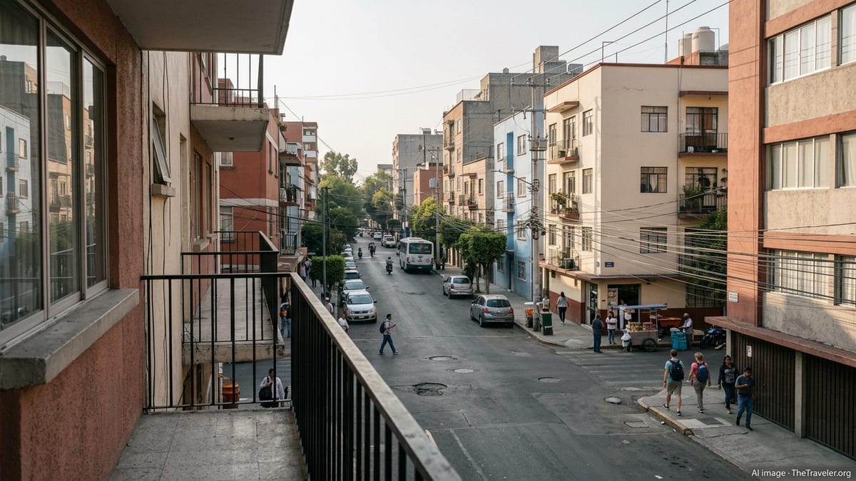 Street view of a mixed residential neighborhood in Mexico City with apartments, shops, cars and pedestrians.