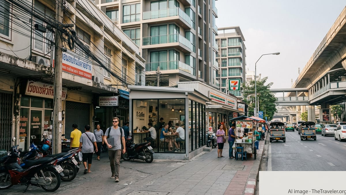 Bangkok residential street with condos, shop-houses, motorbikes, and a foreign resident walking on the sidewalk.