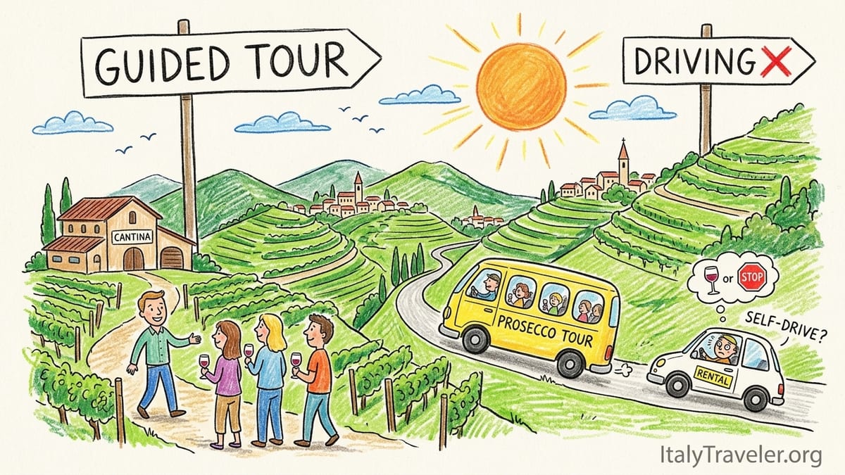 Steep vineyard-covered Prosecco hills with a winding road and wine glasses on a terrace table.