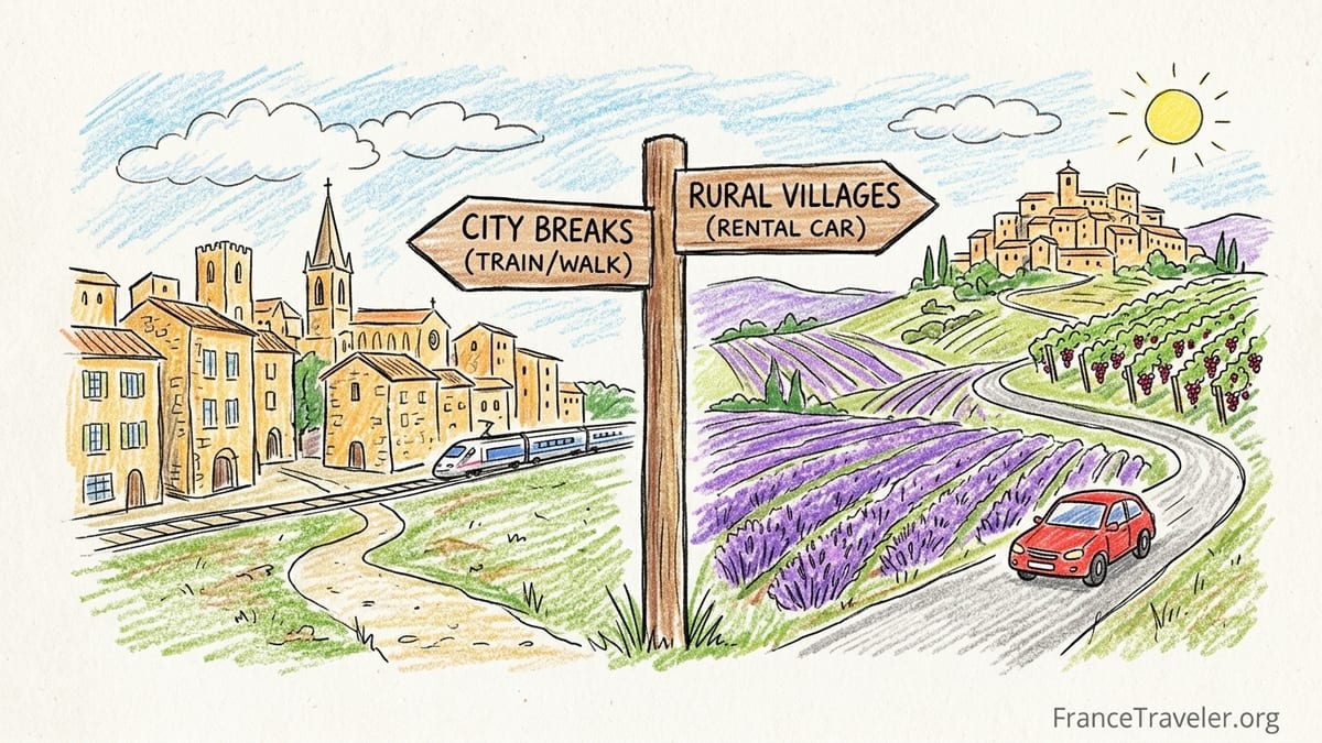 Compact rental car parked by lavender fields and vineyards in rural Provence.