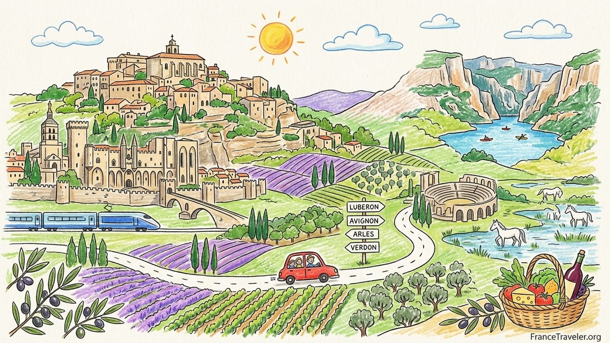 Morning view over a hilltop village and vineyards in the Luberon, Provence