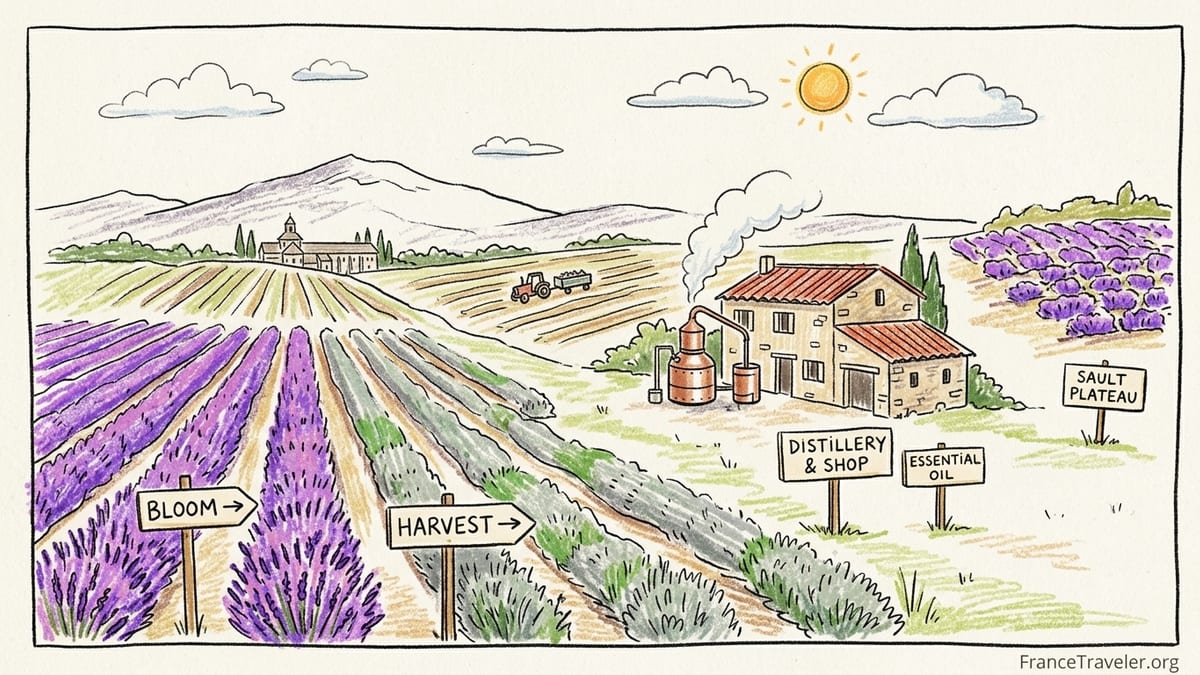 Golden hour view over Valensole lavender fields and a stone farmhouse in Provence.