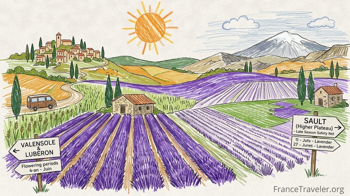 Lavender fields on the Valensole Plateau in Provence at sunrise with stone hut and distant hills.