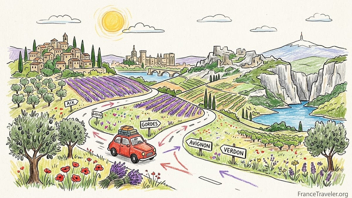 Country road through lavender fields leading to a hilltop village in Provence at sunset.