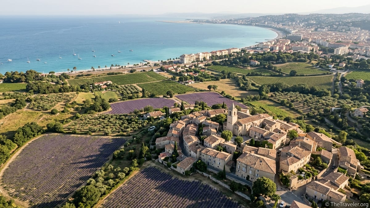A hilltop village in Provence above lavender fields with the French Riviera coastline in the distance.