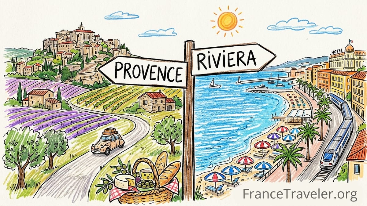 Hilltop Provence village overlooking vineyards beside a Mediterranean Riviera coastline at sunset.