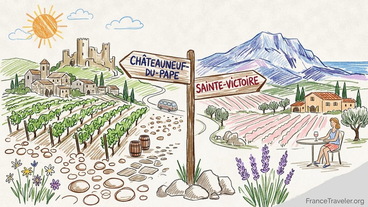 Vineyard rows in Provence leading toward Montagne Sainte-Victoire at golden hour.