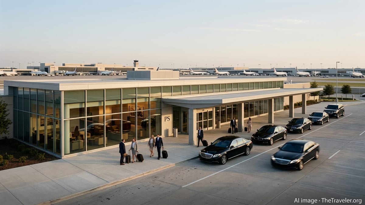 Curbside view of the PS private terminal at DFW with luxury cars and travelers at sunset.