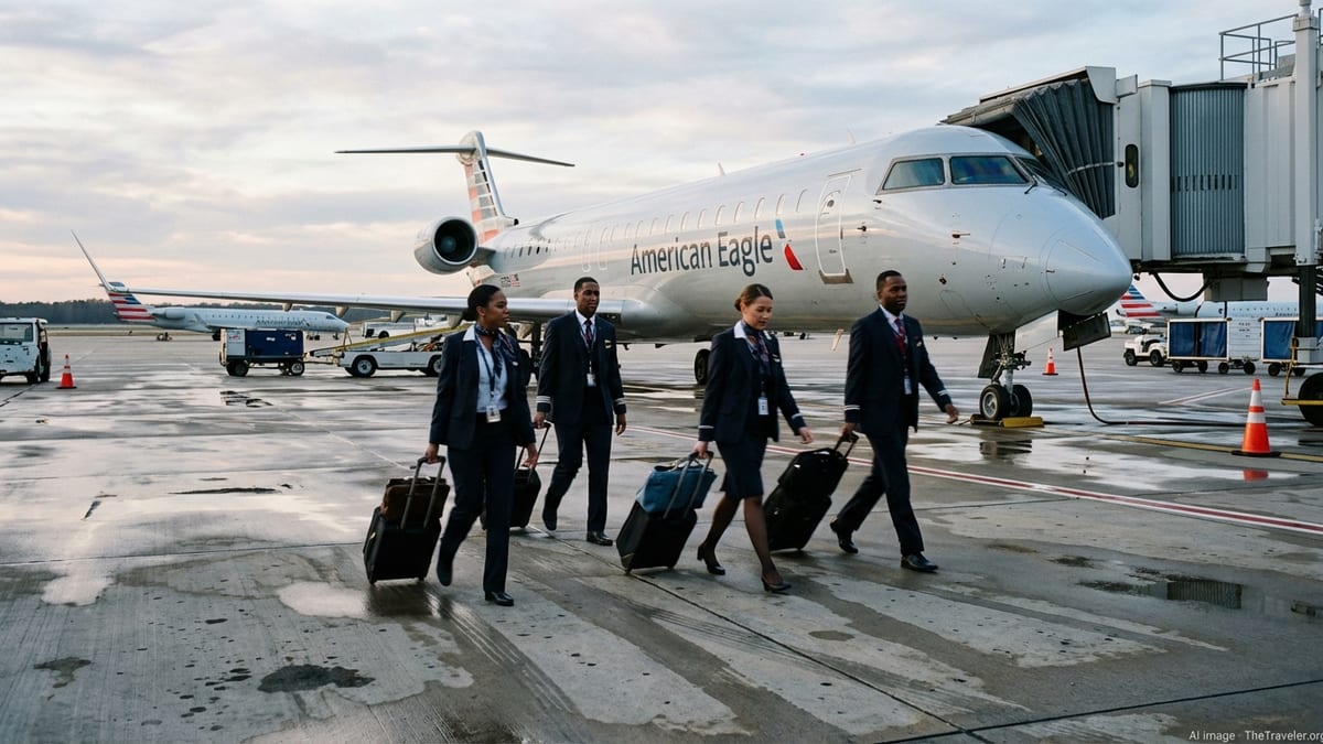 PSA Airlines flight attendants walk toward an American Eagle jet at dawn on the tarmac.