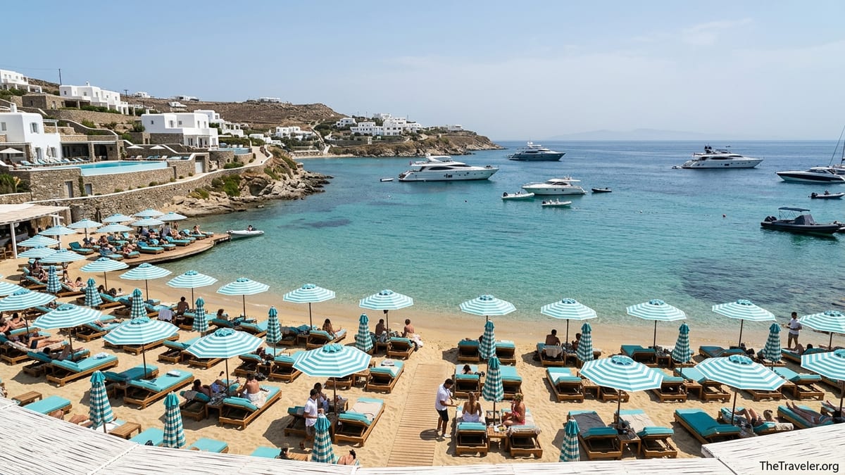 View over Psarou Beach in Mykonos with luxury sunbeds, turquoise sea and anchored yachts.