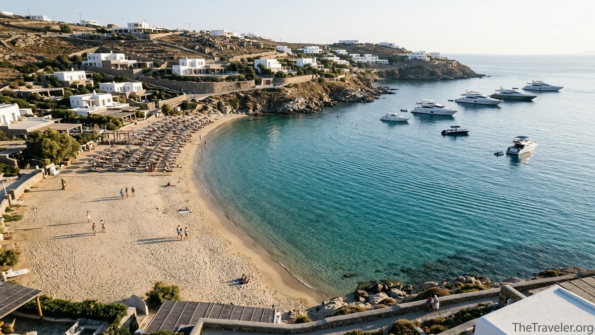 Aerial view of Psarou Beach in Mykonos with turquoise bay, yachts, and golden sand