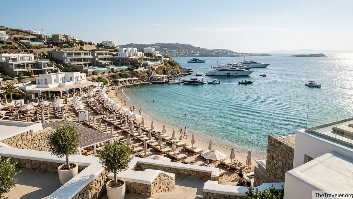 Aerial view of Psarou Beach in Mykonos with luxury sunbeds and yachts anchored in turquoise water.
