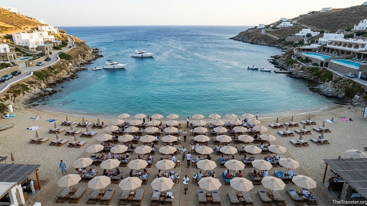 Aerial view of Psarou Beach in Mykonos showing Nammos-style luxury club beside quieter beach sections and turquoise sea.