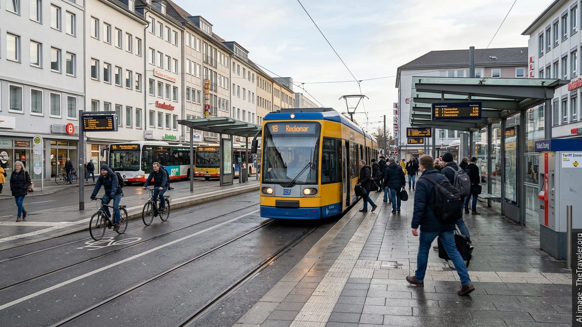 Commuters boarding a modern tram and buses at a German city transport hub on an overcast morning.