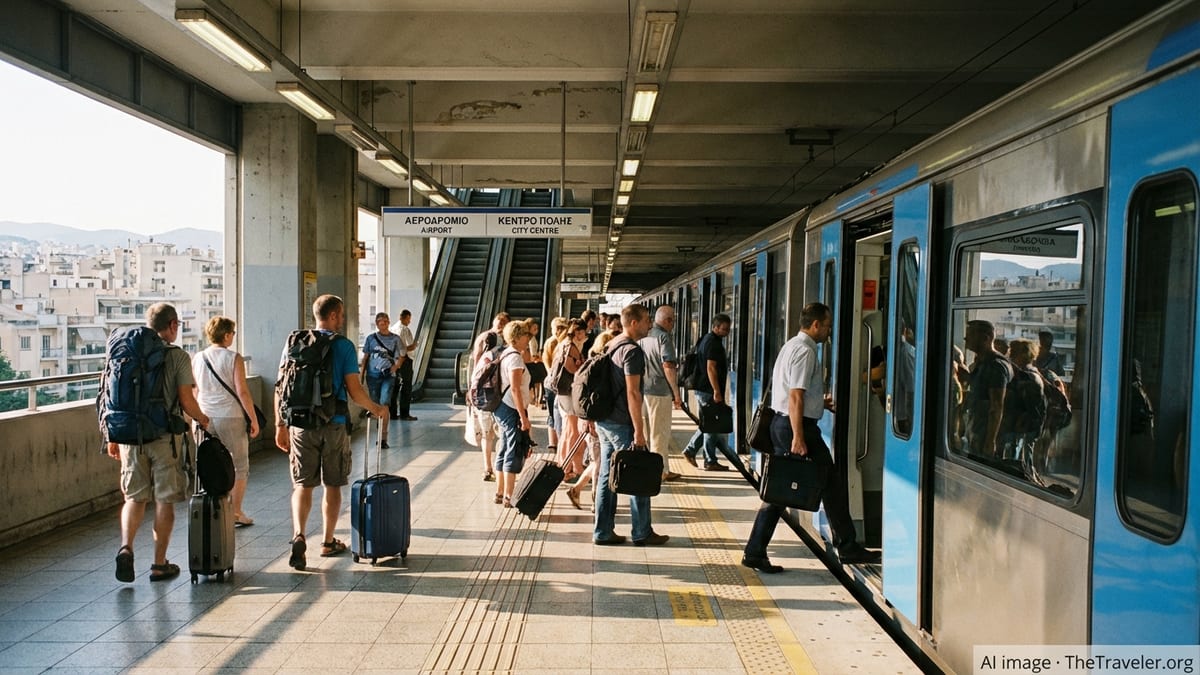 Athens metro train at a busy platform with tourists and locals boarding on a sunny day