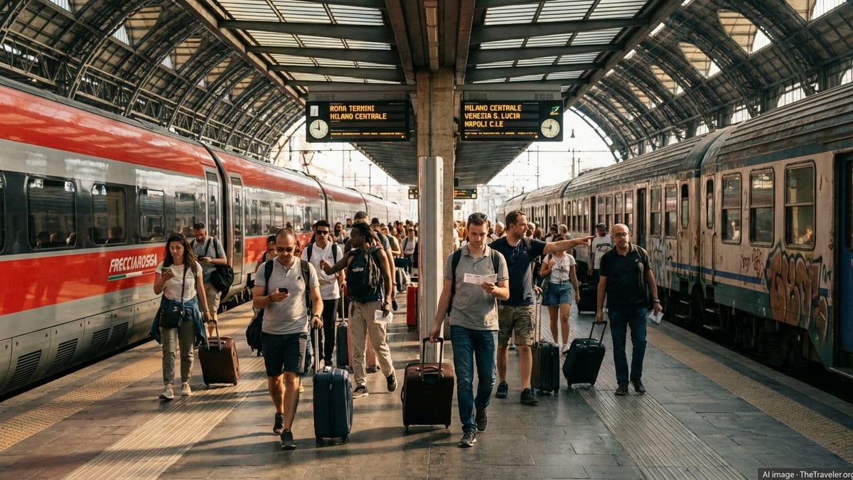 Tourists with luggage waiting between a high speed and regional train at an Italian station platform.