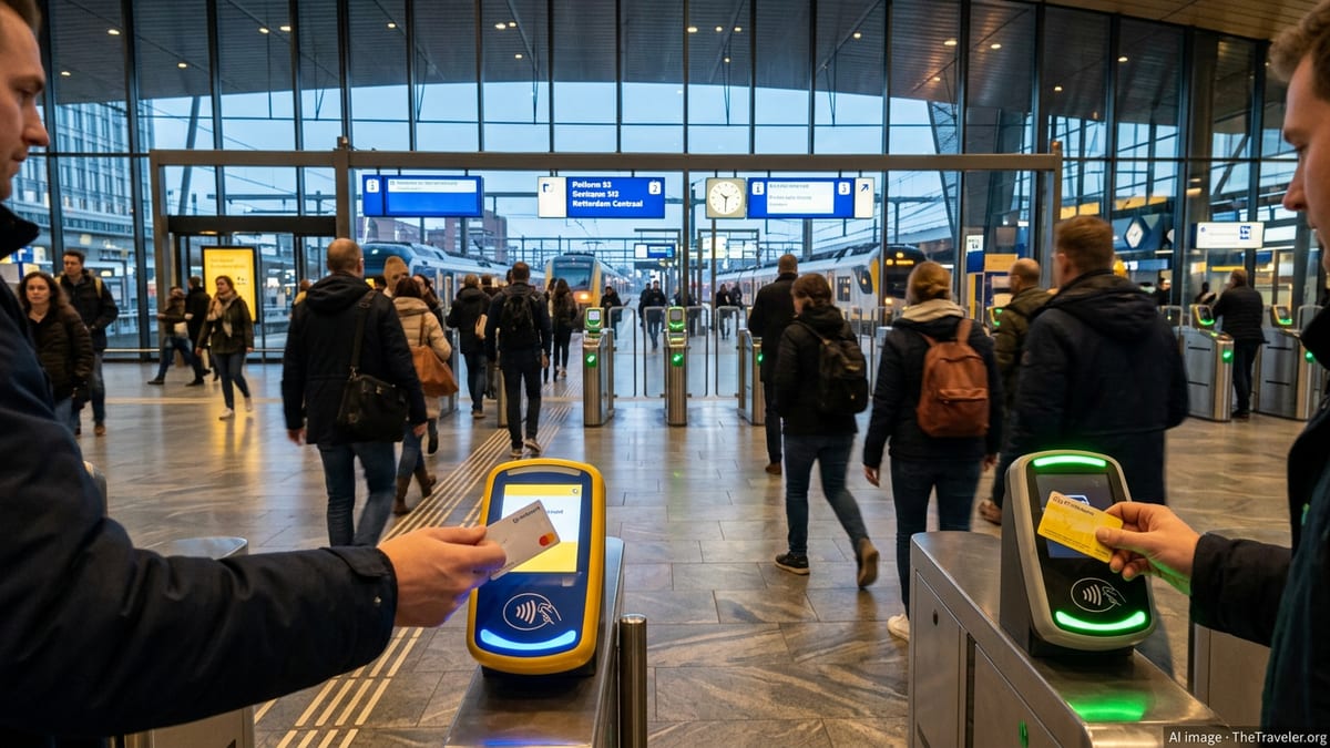 Traveler tapping a contactless bank card on a Dutch station OVpay reader while others use OV-chipkaarten.
