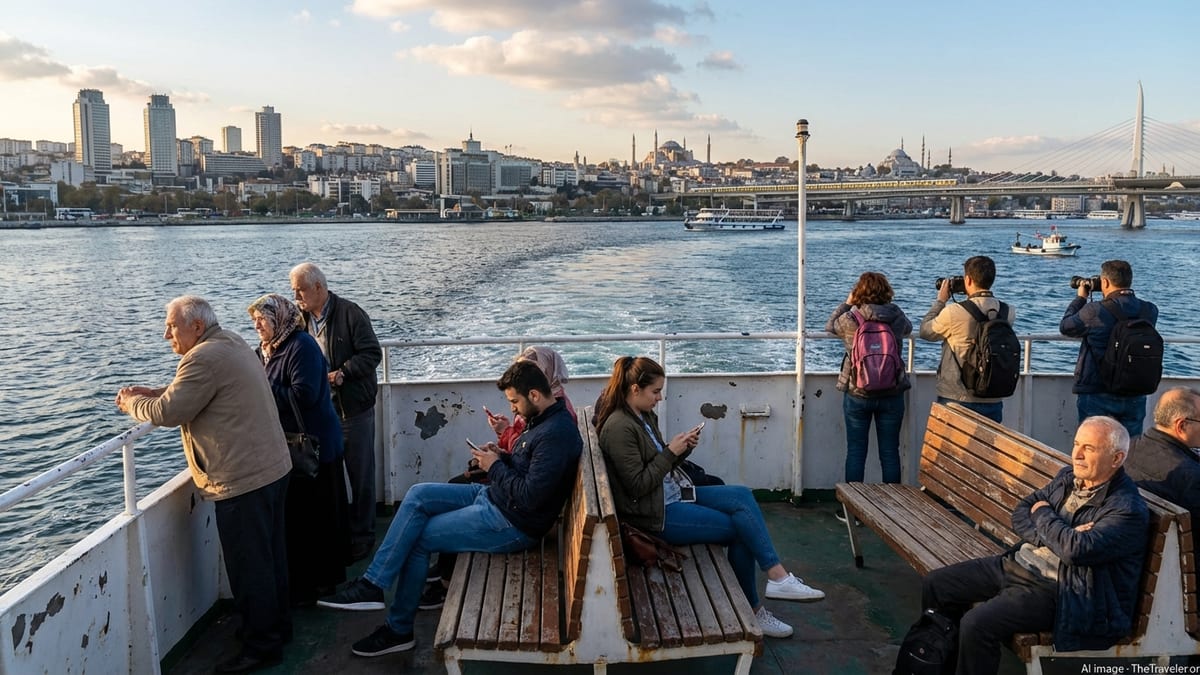 Passengers on a Bosphorus ferry with Istanbul skyline, trains and cityscape in background.