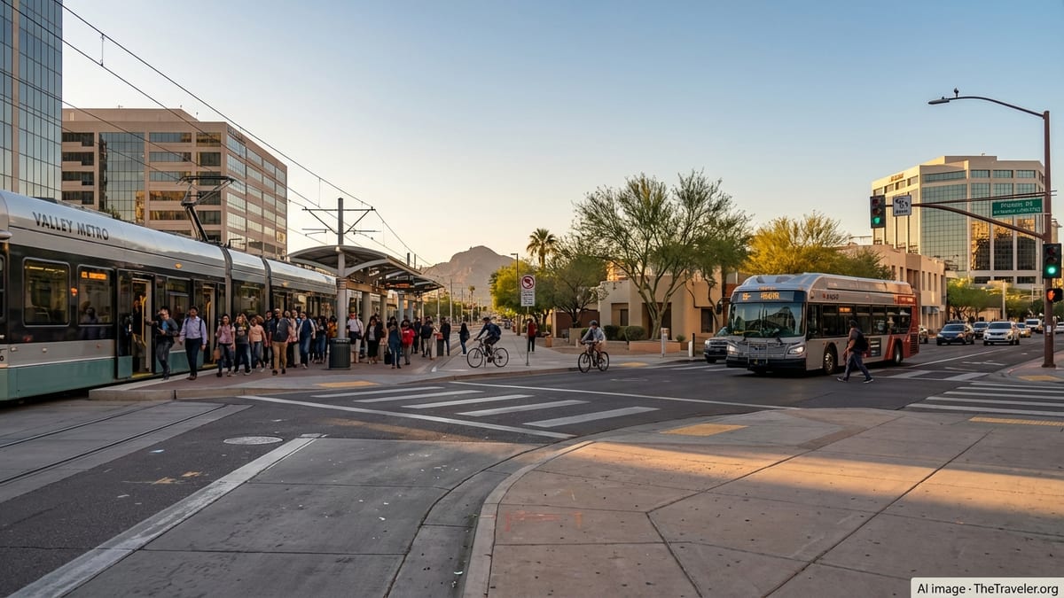 Valley Metro light rail and city bus at a busy downtown Phoenix intersection at sunset.
