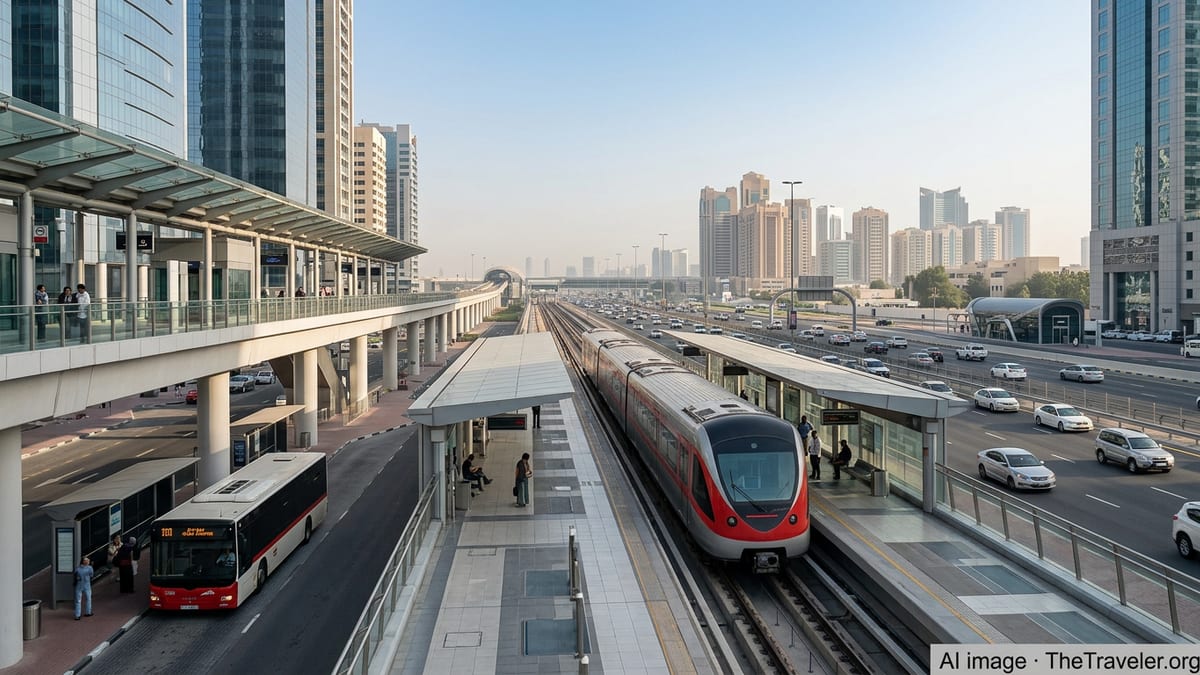Dubai Metro train and city bus beneath, symbolizing public transport in Dubai and Abu Dhabi.