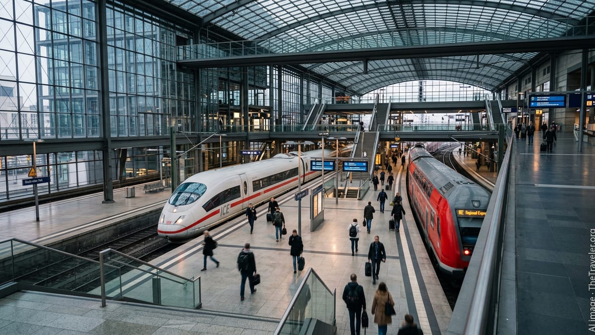 Commuters boarding regional and ICE trains inside a large German railway station.