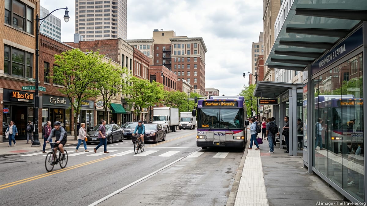 IndyGo bus rapid transit vehicle at a downtown Indianapolis station with passengers boarding.