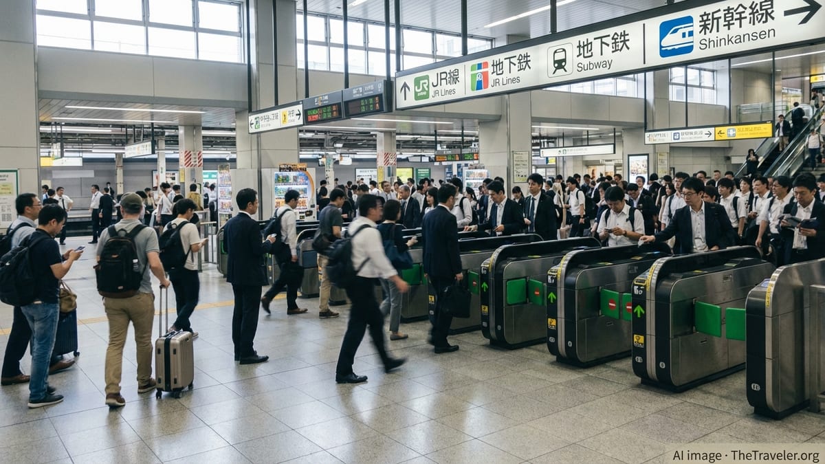 Travelers using IC card gates in a busy Japanese train station with bilingual signs.
