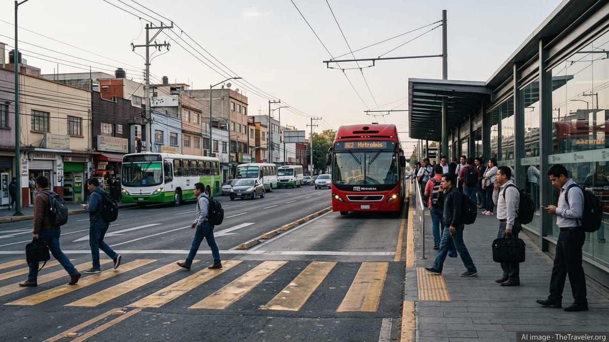 Articulated Metrobús and city buses at a busy corridor in Mexico City at rush hour