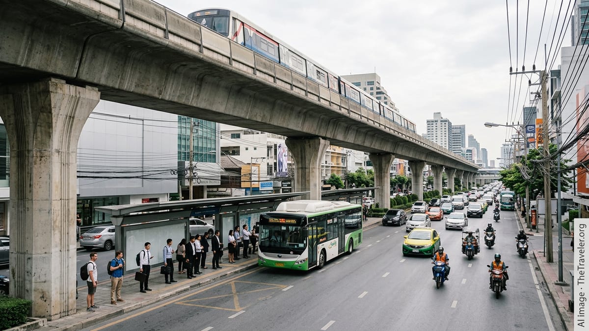 Bangkok commuters using BTS Skytrain and buses at a busy city street