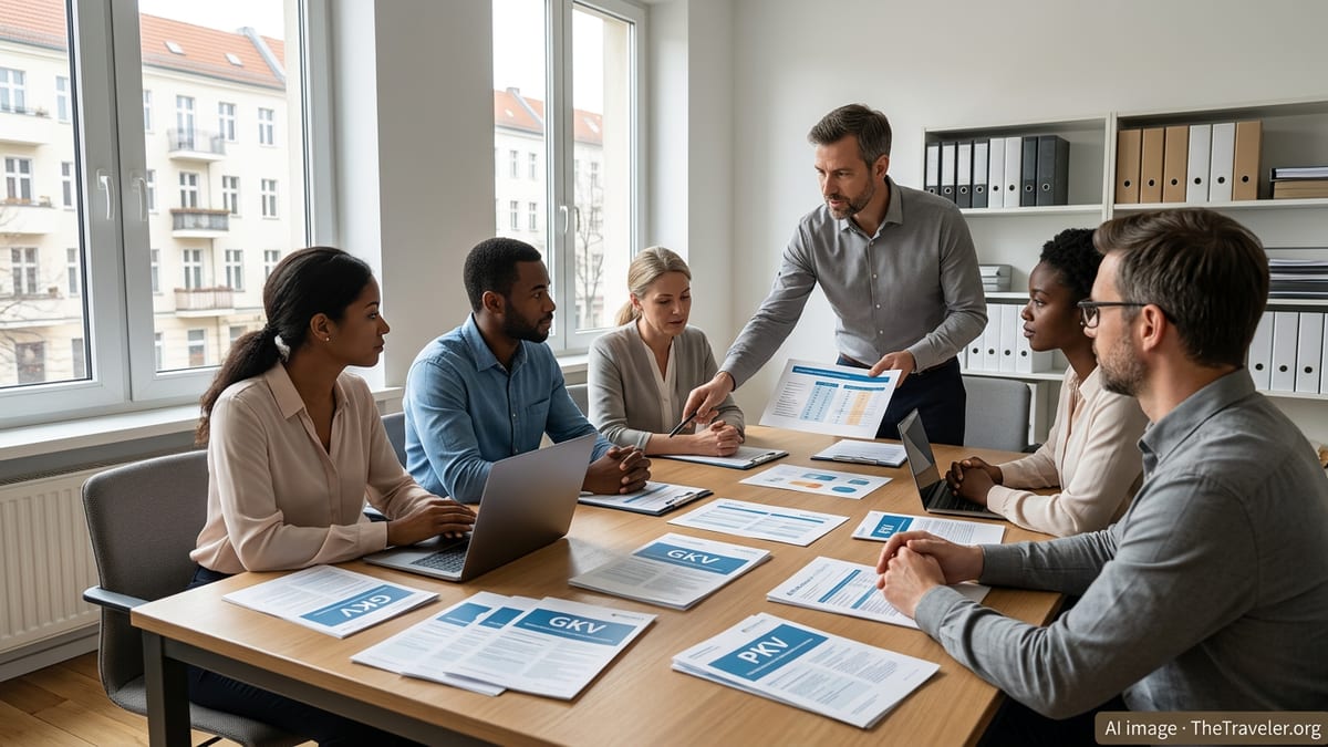 People in a German office comparing public and private health insurance documents labeled GKV and PKV.