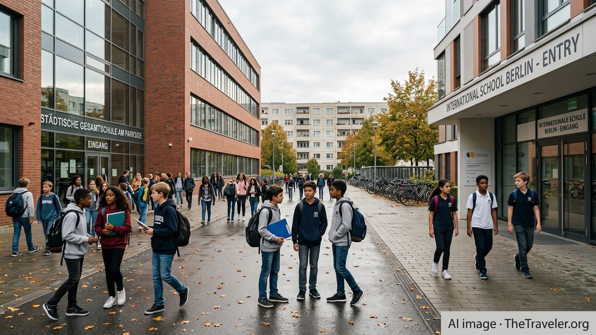 Students outside German public and international school buildings on an autumn afternoon