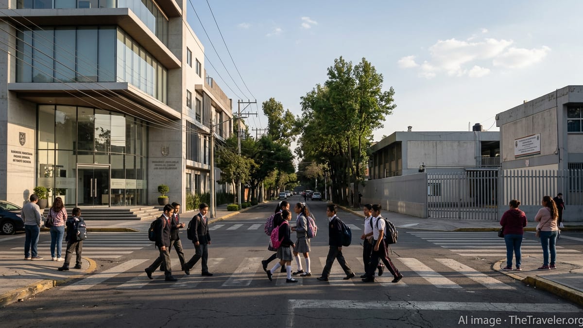 Students outside public and private school buildings in Mexico City during afternoon dismissal.