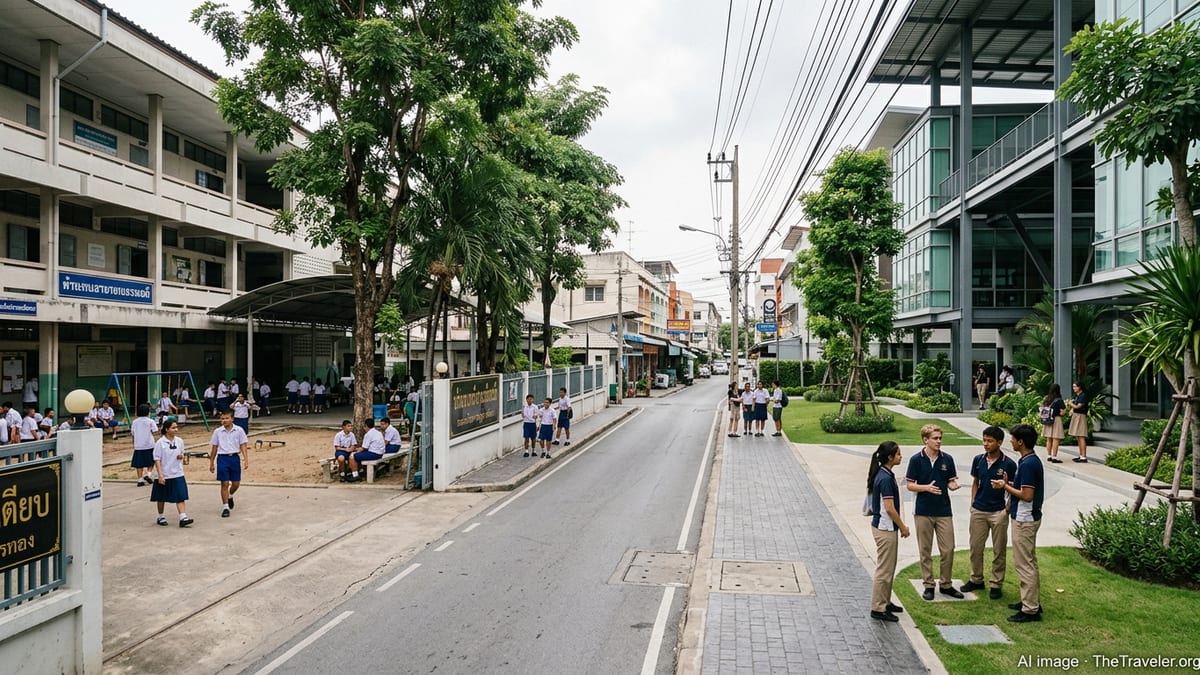 Bangkok public and private schools facing each other on a busy city street.