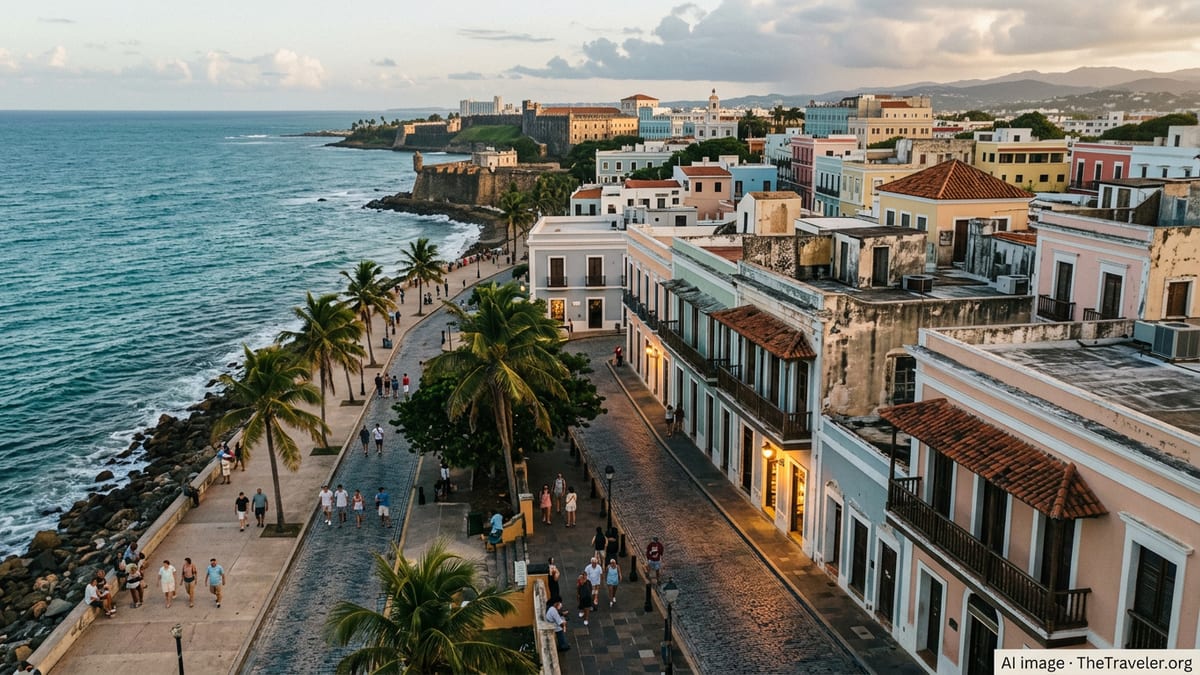 Aerial view of Old San Juan’s colorful waterfront with tourists walking along the shore under late afternoon tropical light.