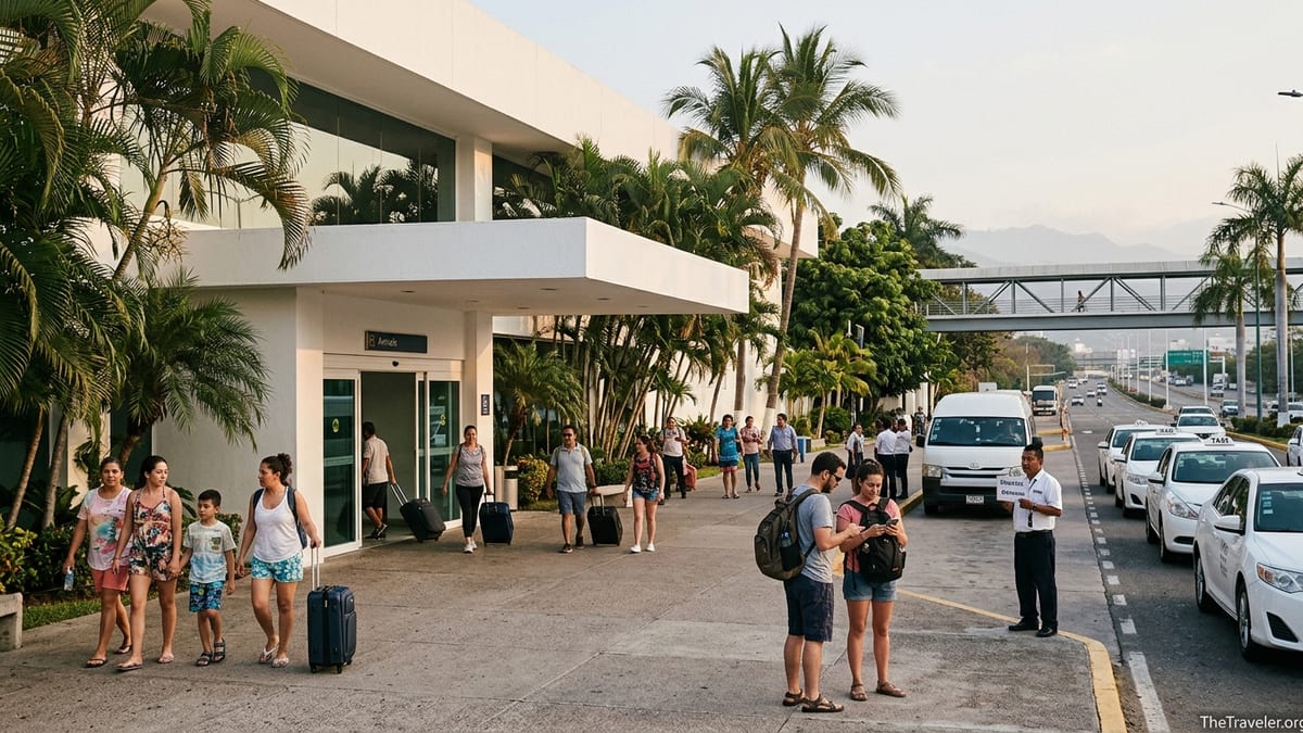 Travelers exiting Puerto Vallarta airport terminal toward taxis and shuttles on a sunny afternoon.