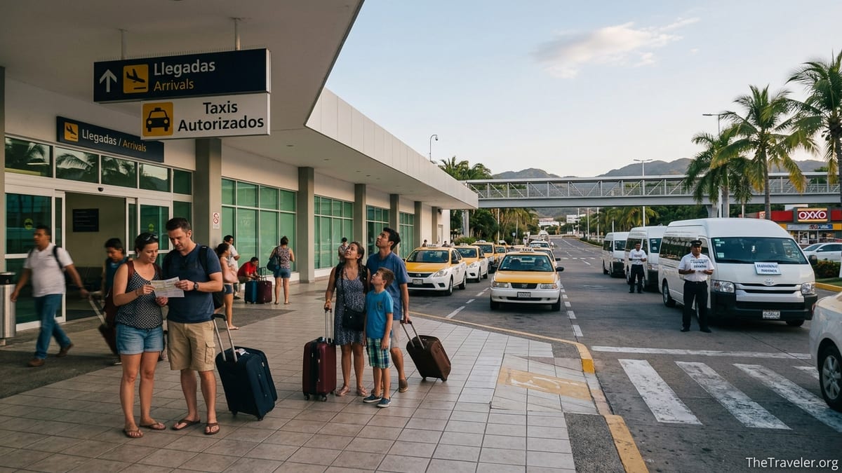 Arriving passengers outside Puerto Vallarta airport choosing taxis and shuttles at the main terminal curb.
