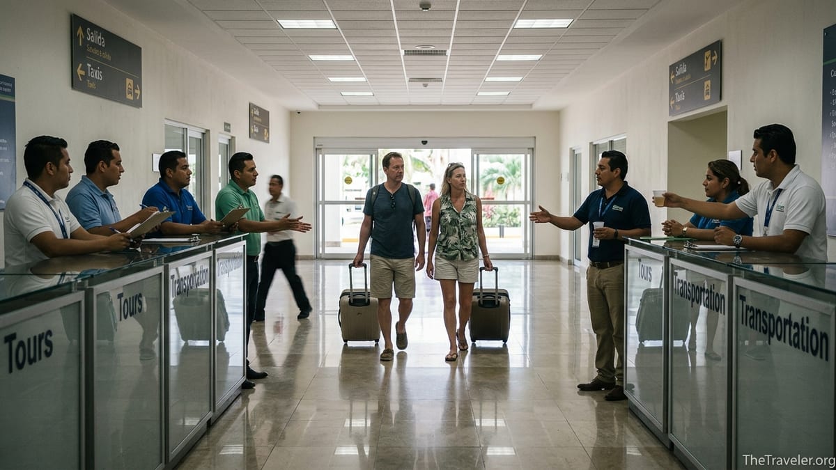 Travelers walk past timeshare sales counters inside Puerto Vallarta airport toward the taxi exit.