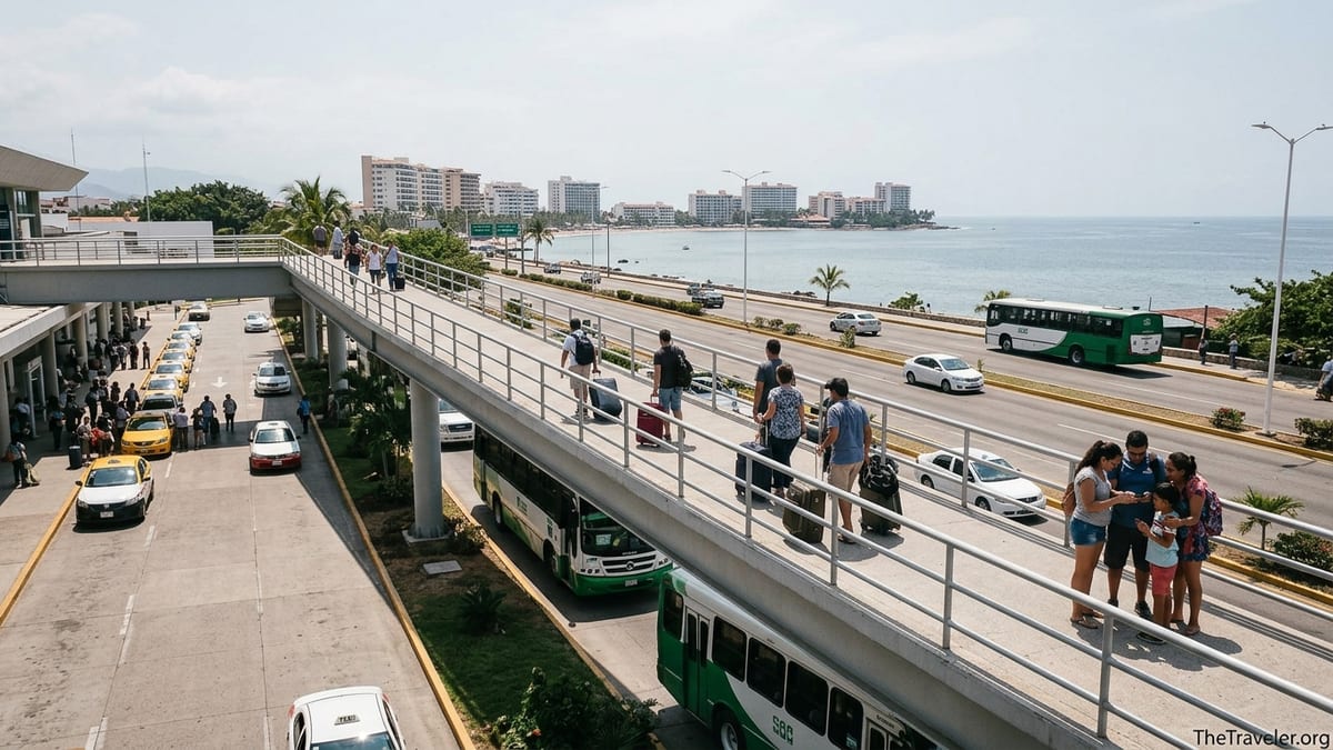 Travelers leaving Puerto Vallarta airport walking toward buses and taxis for the Hotel Zone.