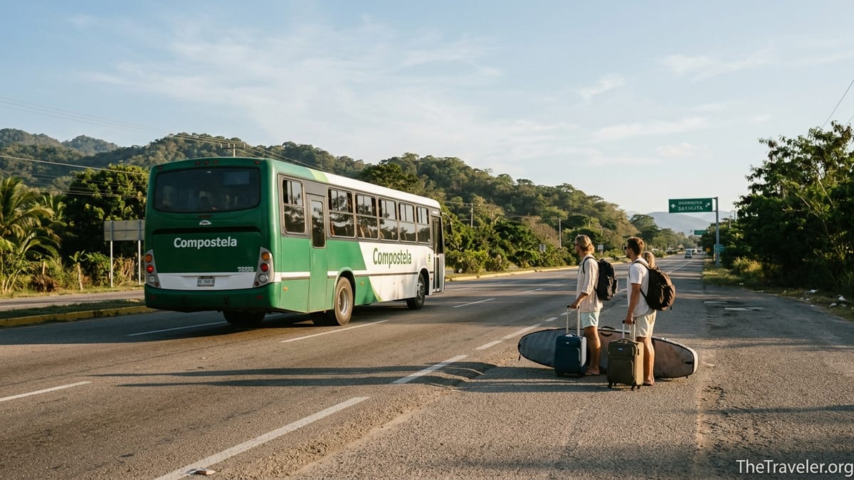 Travelers with luggage and a surfboard bag waiting by a Compostela bus to Sayulita near Puerto Vallarta Airport.
