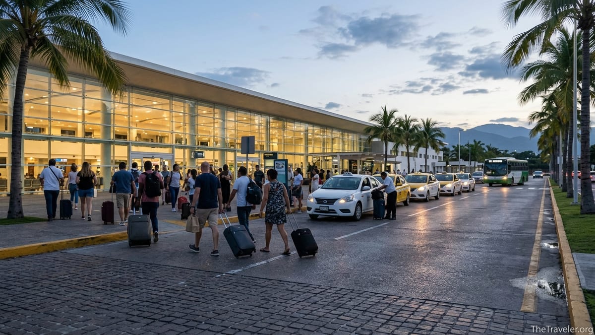 Arriving travelers choosing taxis, rideshare and bus outside Puerto Vallarta airport at dusk.