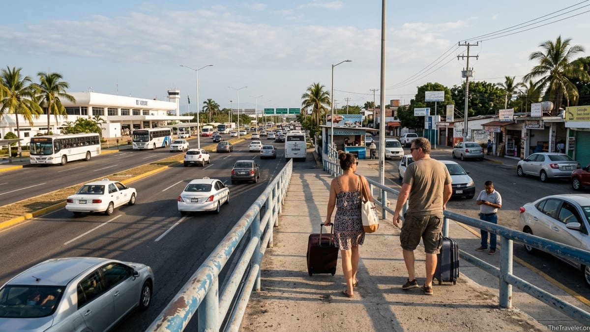 Travelers crossing the pedestrian bridge outside Puerto Vallarta Airport toward the Uber pickup area.