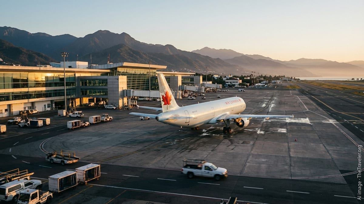 Air Canada jet on the tarmac at Puerto Vallarta airport with mountains in the background.