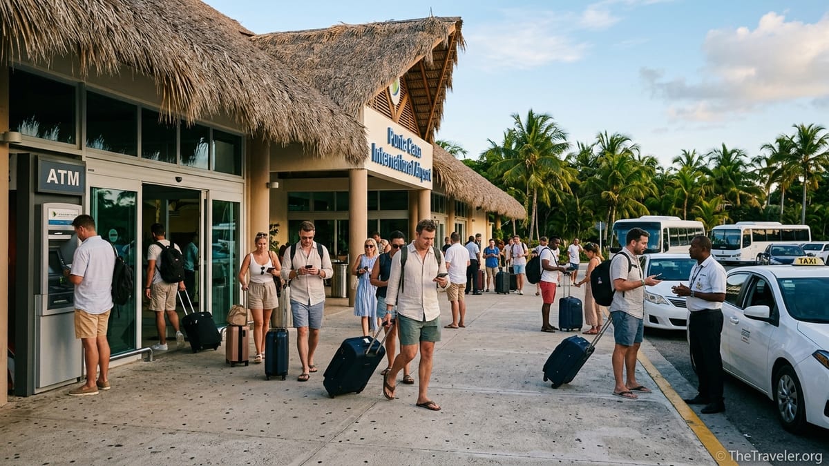 Travelers exiting Punta Cana Airport arrivals area toward taxis and ATMs under palm trees.