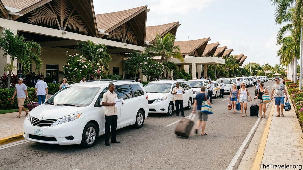Travelers with suitcases boarding taxis and private vans outside Punta Cana Airport on a sunny day.